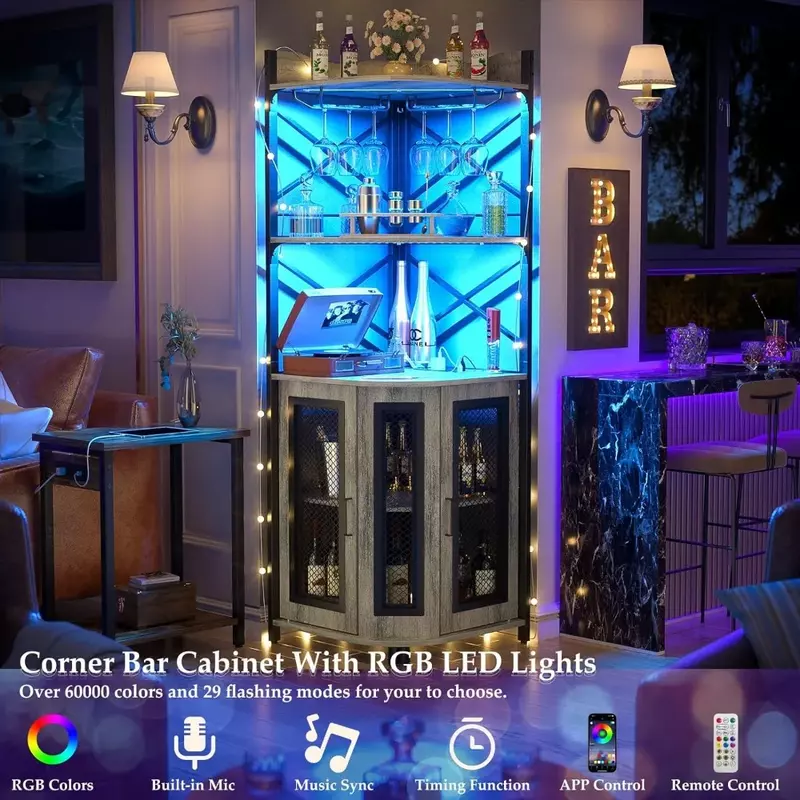 Armário de canto com tomada de energia, Industrial Wine Cabinet com LED Strip e suporte de vidro, 5-Tiers Bar Unidade para espaço pequeno, branco