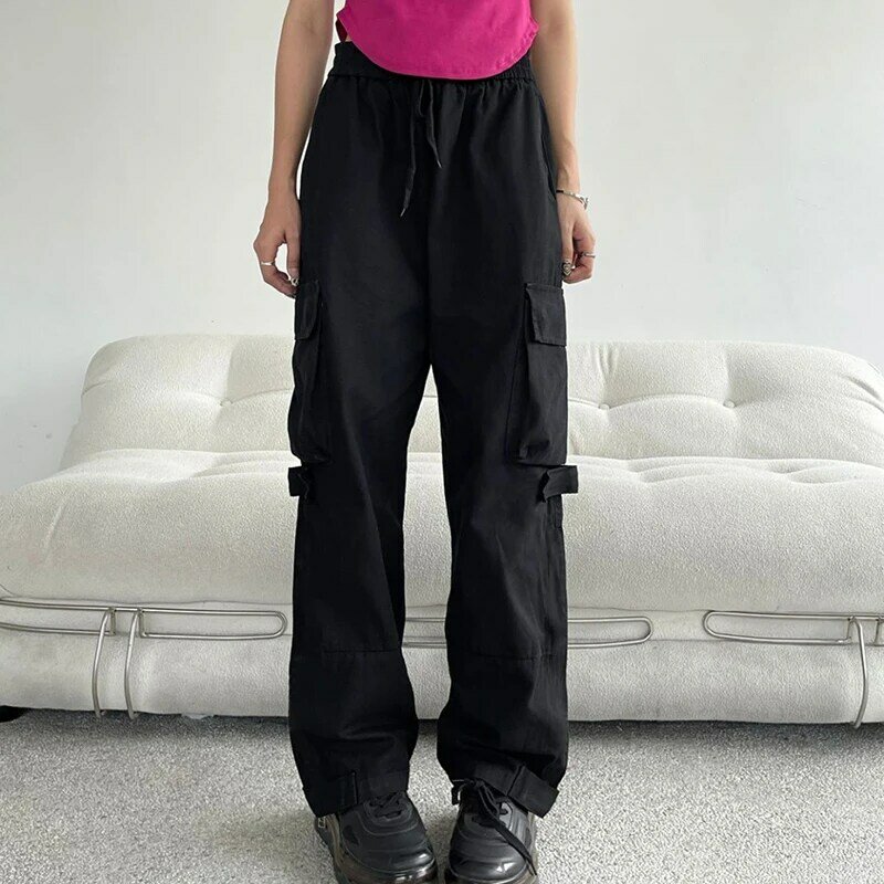 Gidyq-pantalones Cargo con Bolsillo grande Y2K para mujer, ropa de calle coreana, Pantalones rectos de pierna ancha, pantalones sueltos Retro de Hip Hop para mujer, nuevo