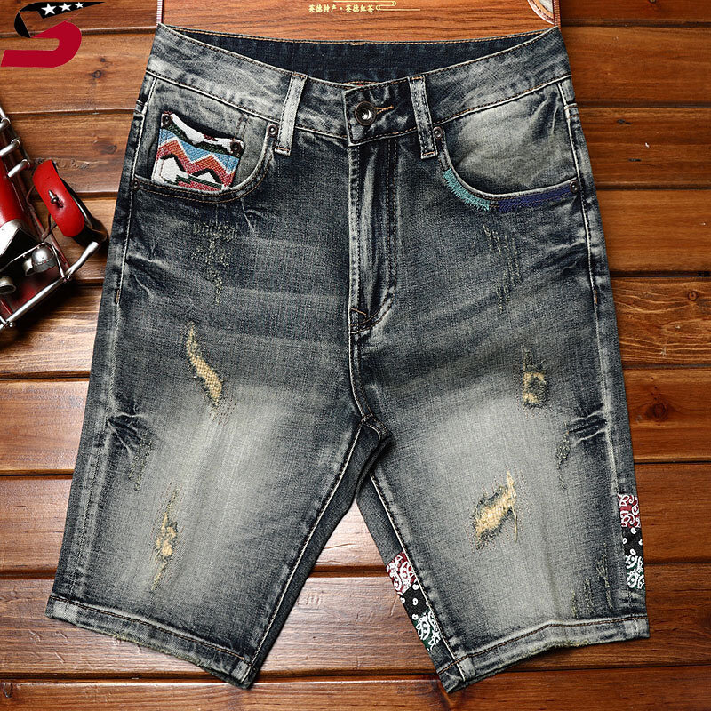 Bestickte bedruckte Jeans shorts Herrenmode Retro Slim Stretch Herren Sommer zerrissene Freizeit Street Shorts