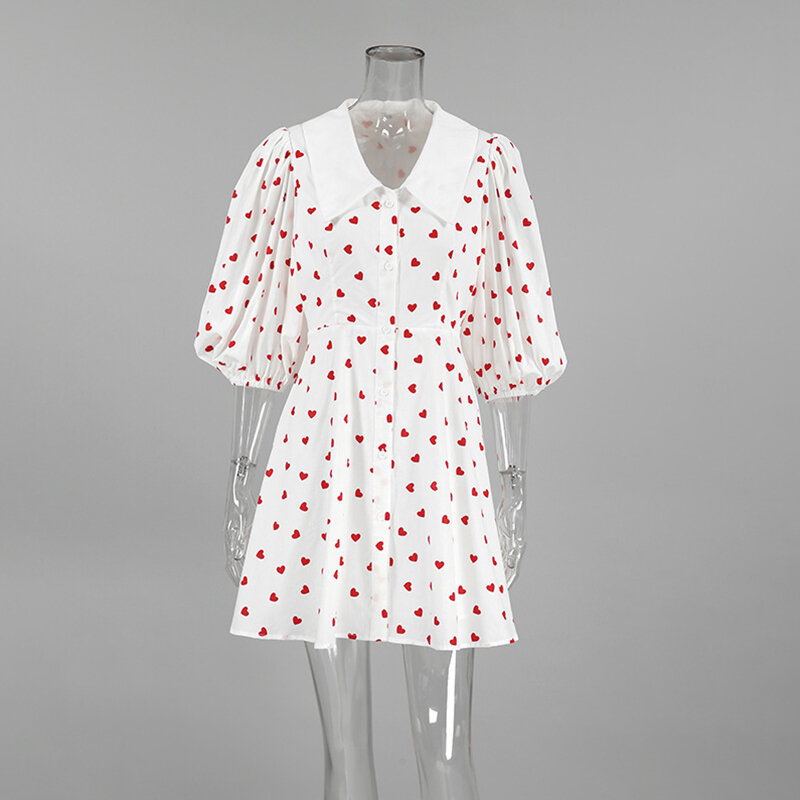 Taruxy bedrucktes kurzes Kleid mit Puff ärmeln für Frauen Revers Chic Einreiher Mode A-Linie Patchwork lässig weibliches Party kleid