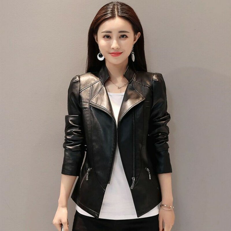 Jaqueta de motociclista de couro falso para mulheres, casaco curto, macio, cores brilhantes, preto, moda feminina, novo, 2023