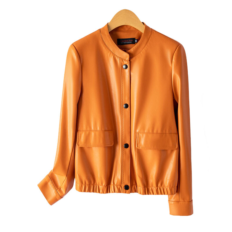 Jaqueta de couro genuíno para mulheres, casaco preto coreano, peito único, gola em stand, couro real, primavera, 100% novo