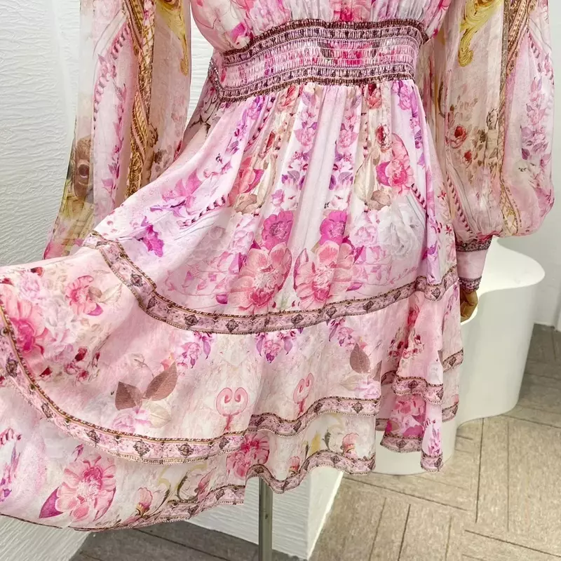 Mini vestido de manga longa de lanterna feminino, seda, rosa, estampa floral, diamantes, alta qualidade, vintage, primavera, verão, novo, 2022