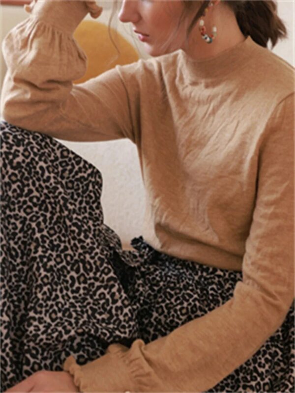 Women's Sweater Mock Neck Pearl Buttons Cuff Ruffles Trim Temperament Solid Bottoming Jumper
