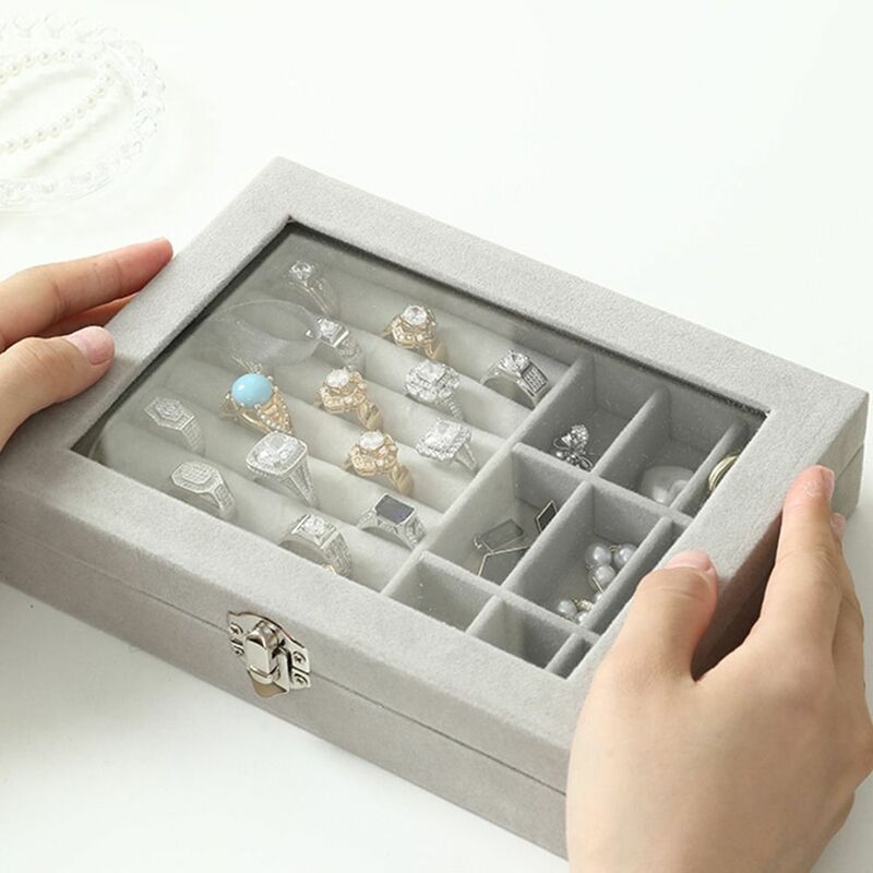 صندوق عرض المجوهرات المخملية أحادية اللون ، منظم أقراط شفاف محمول ، حقيبة قلادة وخاتم
