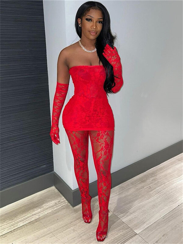 Simenual Trim Sheer Lace Women 3 Piece Sets Solid Strapless Tupe Top Hot Skinny Pantyhose Pants Baddie Club Outfit Lingerie Suit