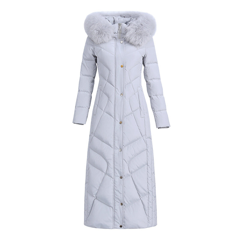 여성용 슬림핏 다운 코트, 두꺼운 방풍 방수, 분리형 여우 모피 칼라, X-롱 덕 다운 재킷, 길이 125cm