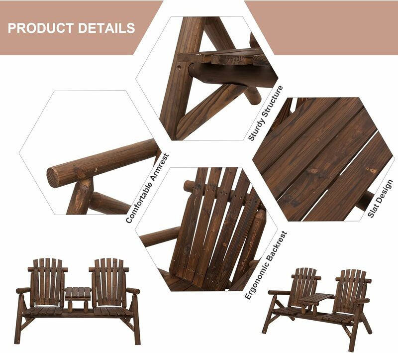 Outsunny-Cadeira Adirondack de madeira, Banco do pátio com mesa, Loveseat ao ar livre, Fire Pit Chair, varanda, quintal, Deck, 2 lugares