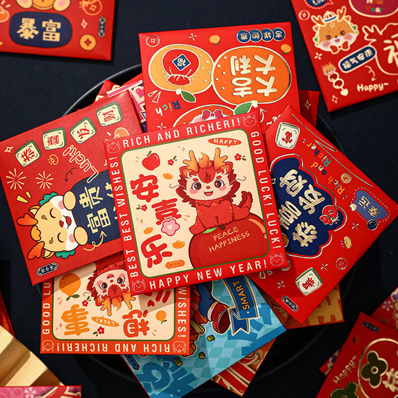 Festival da primavera Envelopes vermelhos, ano novo chinês hongbao festa suprimentos bonito dragão padrão sorte dinheiro bolso, desenhos animados, 6pcs, 2024