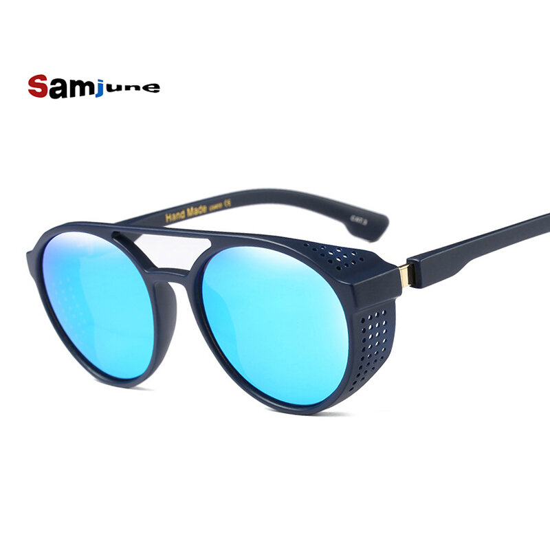 Samjune-Óculos escuros estilo Steampunk para homens e mulheres, retrô, redondo, lentes que viram para cima, na moda