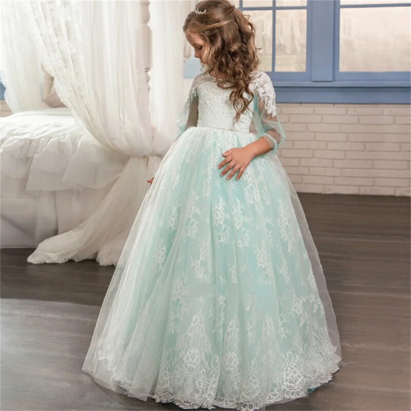 結婚式のための花の女の子のドレス、レースのアップリケ、3/4袖、ビーズの床の長さ、子供の最初の魅力的な誕生日パーティーのドレス