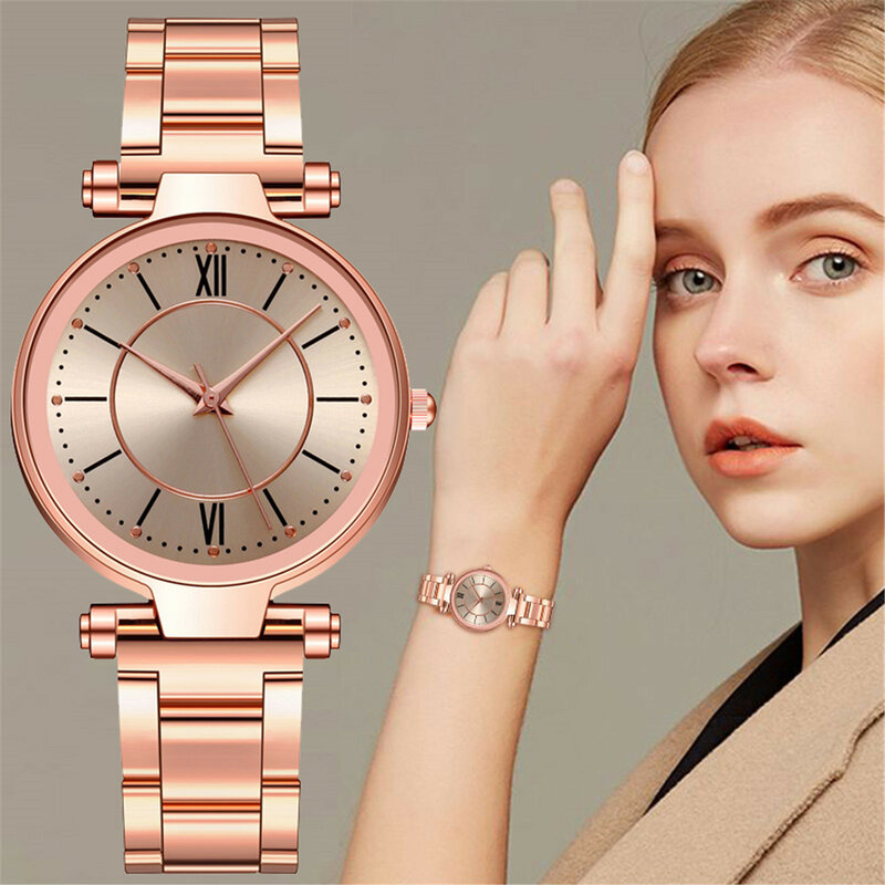 Relógio de quartzo com pulseira de aço inoxidável feminino, simples, casual, requintado, todo o jogo, luxo, moda