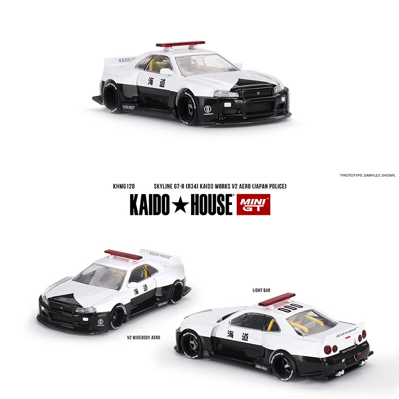 PreSale MINIGT KHMG120 1:64 Skyline GTR R34 V2 Aero Police Openable Hood Diecast Diorama Car Model Collection Kaido House