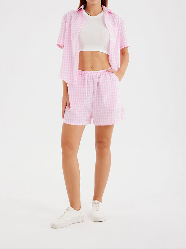 Conjuntos de pijama de verão feminino, roupas bonitas com estampa xadrez, manga curta, tops de botão, calções de cintura elástica, loungesleep