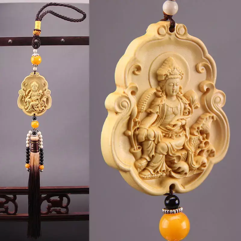 Rzeźbione w drewnie posągi buddy lusterko wsteczne samochodu wisiorek biżuteria Guanyin Pao Ping An Fu High-end tornister zawieszka na telefon komórkowy