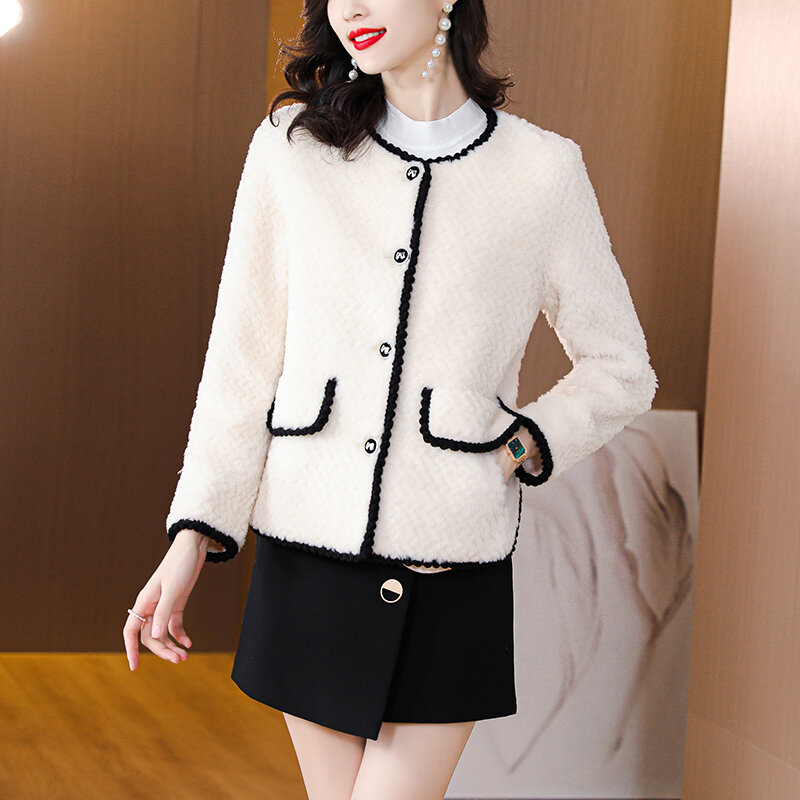 Jaket luar wanita bulu putih, mantel pendek leher O longgar besar Korea kecil ramping musim gugur/dingin 2023