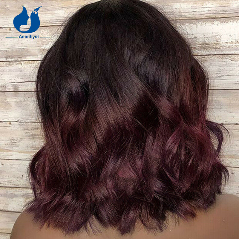 Amethyst Short 99J Ombre Bob Wigs Human Hair For Women Brazilian Remy O Scalp Top Full Machine Wig With Bangs Red Wave Burgundy