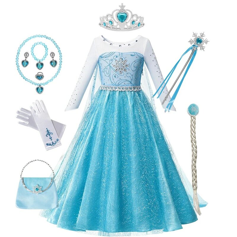 Disney Frozen 2 vestido de princesa para niñas, disfraz de Elsa azul, Reina de la nieve, estampado, cumpleaños, Carnaval, ropa para niños