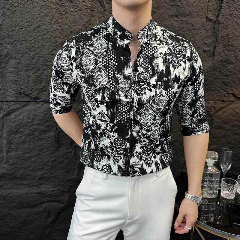 Camicie con colletto alla coreana da uomo in stile barocco, adatte per balli, feste, spettacoli e camicie a maniche corte da uomo. 2024