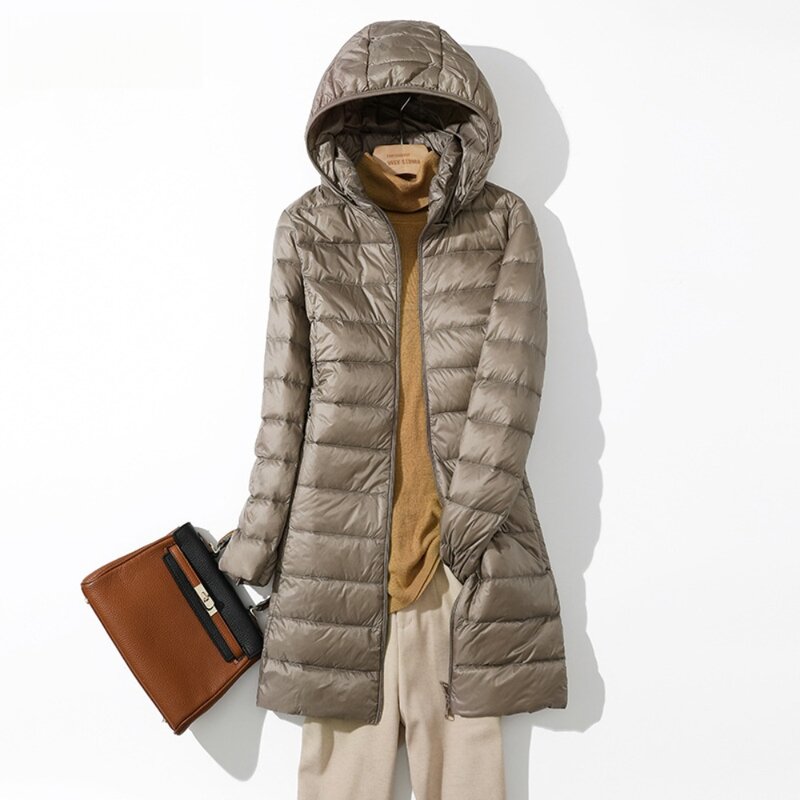 Женский длинный пуховик с капюшоном, ветрозащитная теплая куртка-пуховик на белом утином пуху, Ультралегкая парка на осень и зиму 2023
