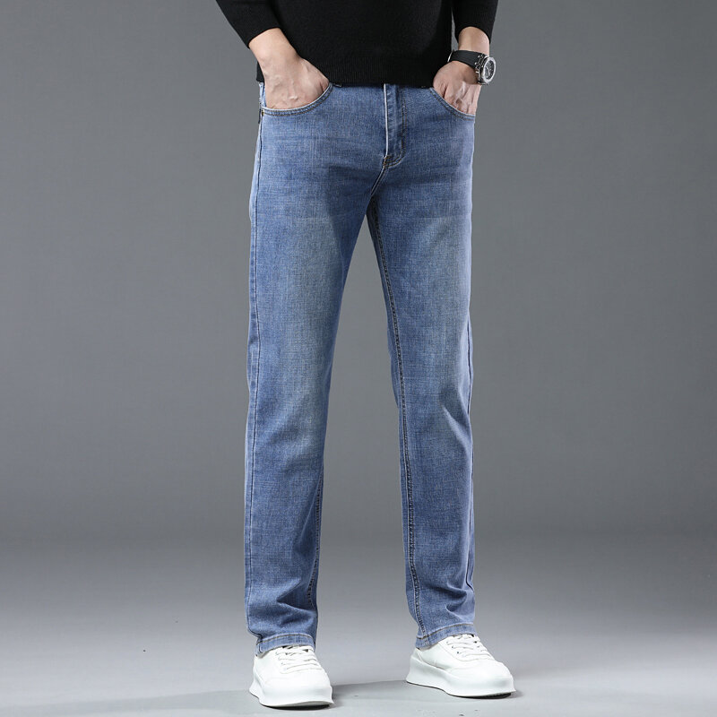 Calça jeans reta elástica masculina, ultra fina, macia, de negócios, azul, cinza, calça jeans de algodão, roupas de verão