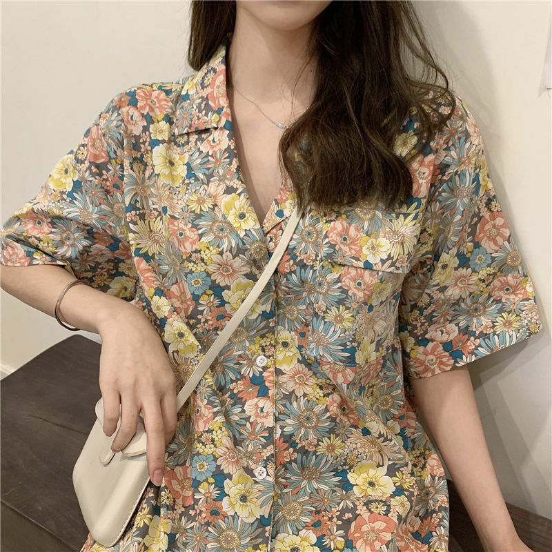 Женская шифоновая рубашка с коротким рукавом, Повседневная Свободная рубашка с цветочным принтом и отложным воротником, 2022