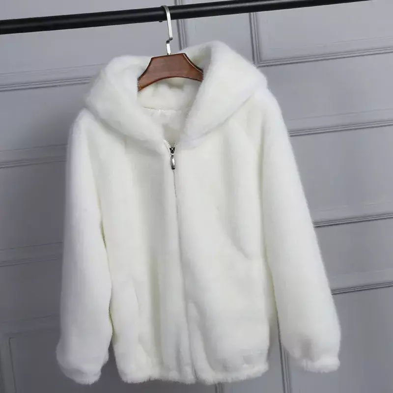 Chaqueta con capucha de piel Artificial para mujer, abrigo de piel sintética de conejo blanco, Gris, Rosa, invierno, 2022