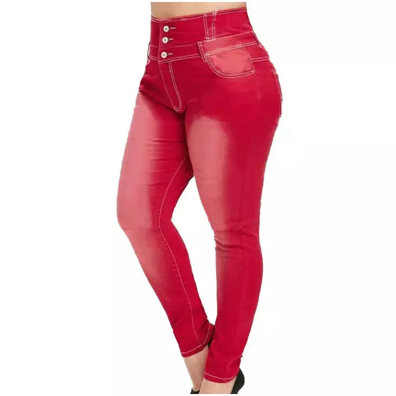 Calça jeans skinny de cintura alta feminina, calças compridas, jeans mãe, botão para cima, elástico, bodycon, vermelho, coreano, plus size, primavera