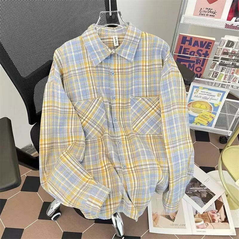 Camisa xadrez retrô de algodão feminina, blusa de gola virada para baixo, moda coreana, tops chiques, manga comprida, coreana, americana, primavera