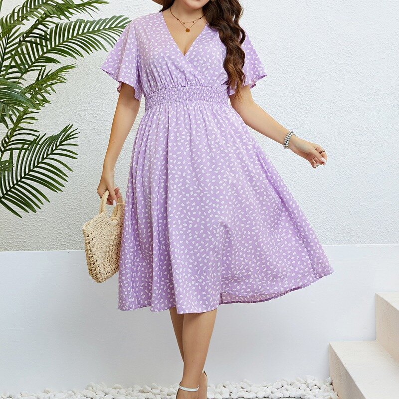 WSFEC XL-4XL, летняя женская одежда большого размера, модное повседневное пляжное платье средней длины с коротким рукавом, V-образным вырезом и эластичным поясом, оптовая продажа