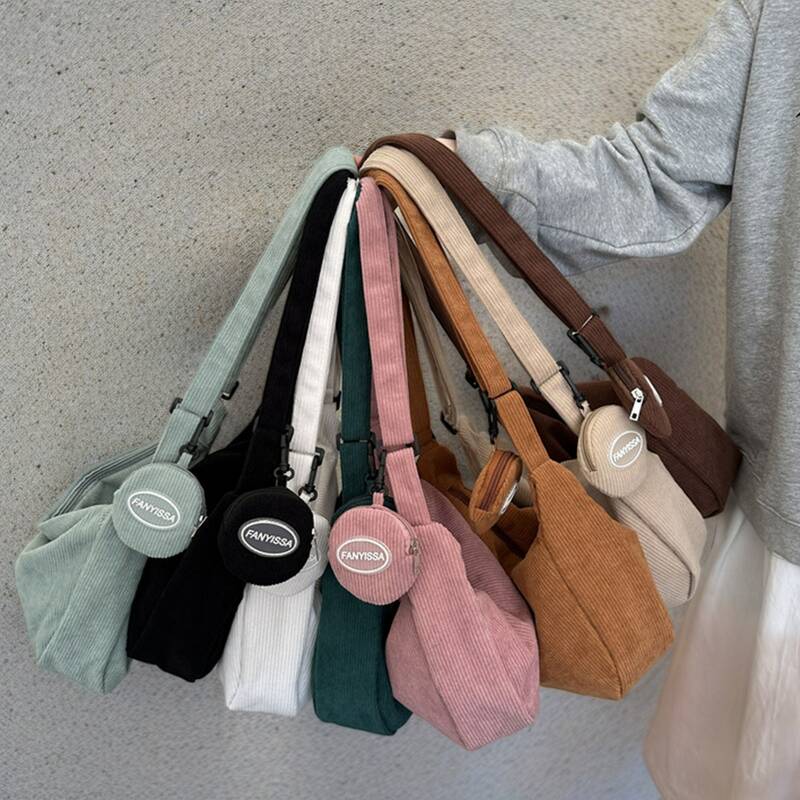 กระเป๋าสะพายคาดลำตัวผ้าลูกฟูกน่ารักมีซิปกระเป๋าลำลองสำหรับผู้หญิงกระเป๋าสะพายข้างขนาดเล็กกระเป๋าหิ้ว