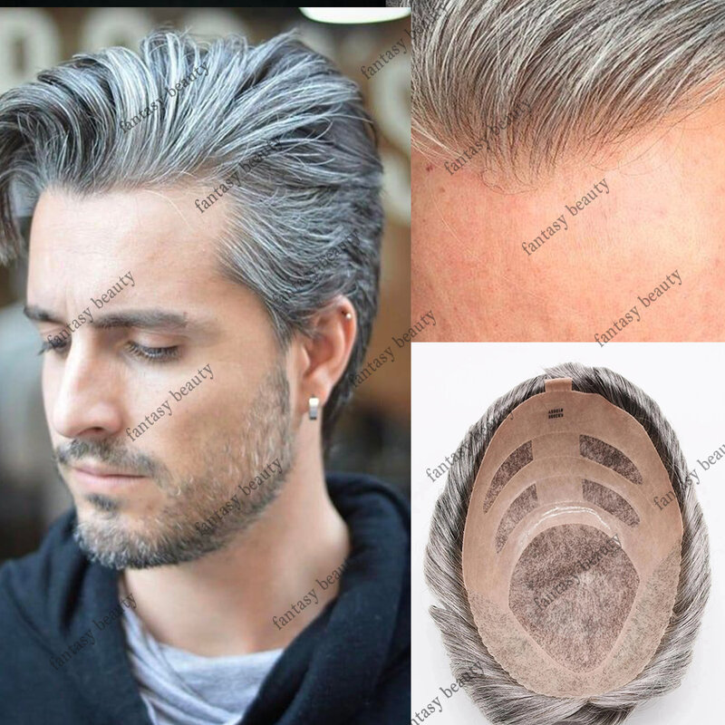 1B65 1B80 Grey Bond Mono & Pu Front And NPU Male Wig Breathable  Hair Prosthesis 100% Natural Hair Toupee For Men Exhuast System