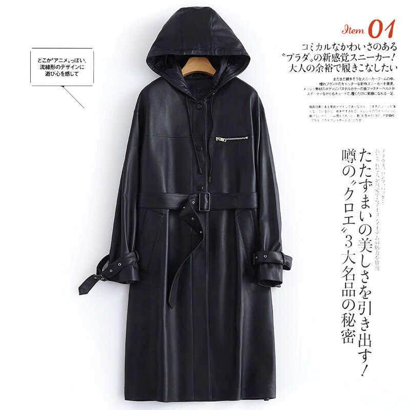 Gabardina larga de cuero sintético para mujer, abrigo impermeable con capucha y cinturón de manga larga, color negro, para primavera y otoño, 2024