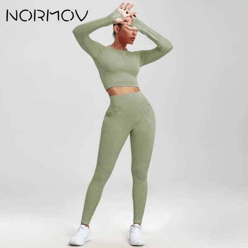 Normov-conjunto de 2 peças para as mulheres, conjunto de ioga sem costura, cintura alta, push up, esportes, fitness, manga longa, terno ginásio
