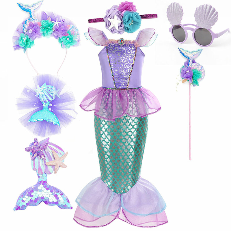 Gaun putri duyung kecil, kostum putri Ariel, baju ungu untuk anak perempuan, pesta ulang tahun, karnaval, Cosplay anak-anak