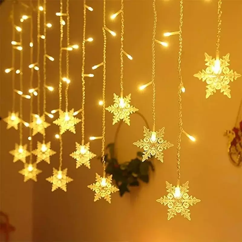 Luzes de corda do floco de neve para decoração de Natal, cortina LED, iluminação de ondas, interior e exterior, decorações, ano novo
