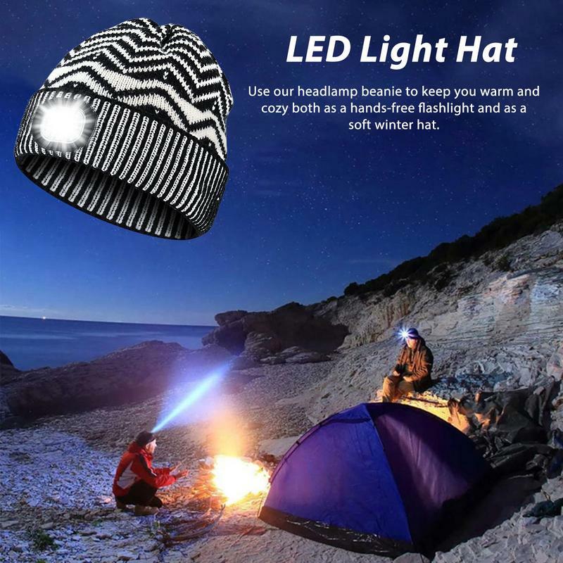LED Knitted Beanie Hat Knitting LED Hat Rechargeable Night Light 3 Mode Bright Lighted Beanie Flashlight Stocking Stuffers For