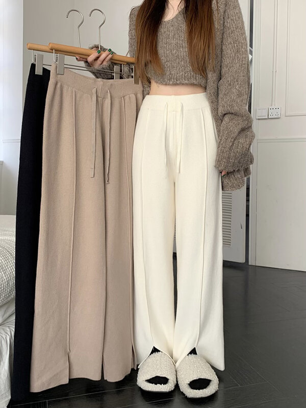 Black White Knitted Casual Pants For Women In Autumn And Winter Plush And Thickened Wide Leg Pants High Waisted Straight Pants