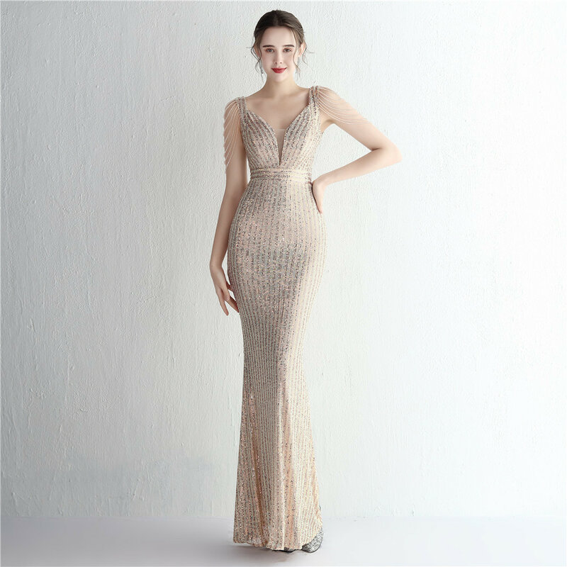 Женское вечернее платье-русалка, блестящее платье в полоску с блестками и V-образным вырезом