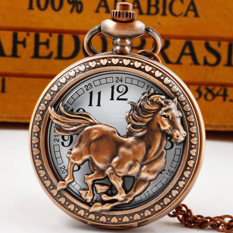 Reloj de bolsillo de cuarzo hueco Retro para hombre, colgante personalizado, collar, Colección, caballo, rojo, marrón, genial, guapo, regalo