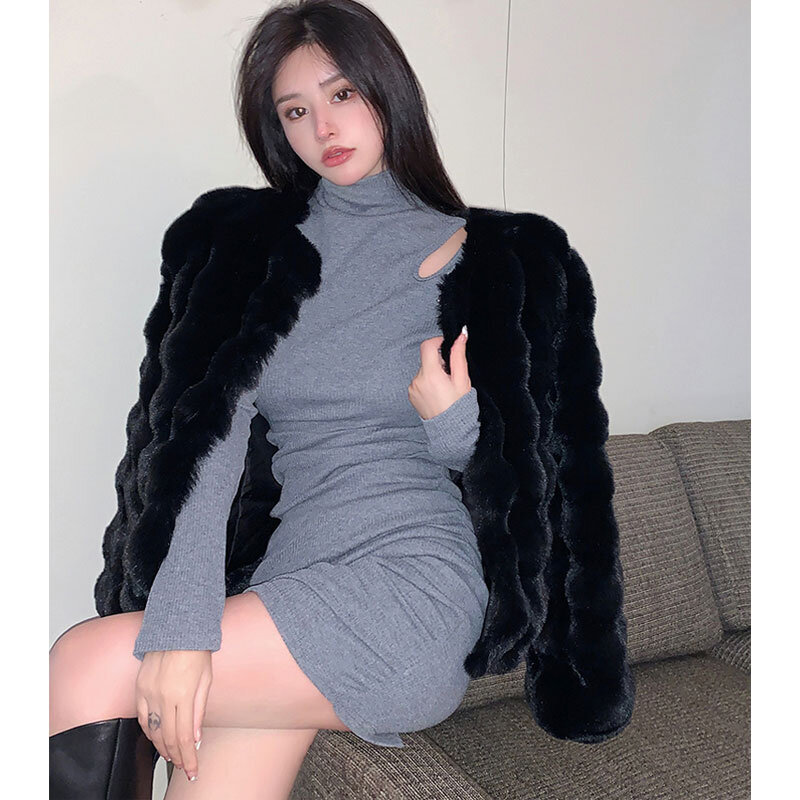 Manteau en fausse fourrure pour femme, mode coréenne, cardigan combiné en plumes chaudes, manteau d'extérieur court pour femme, tenues de fête élégantes, hiver, nouveau, 2023