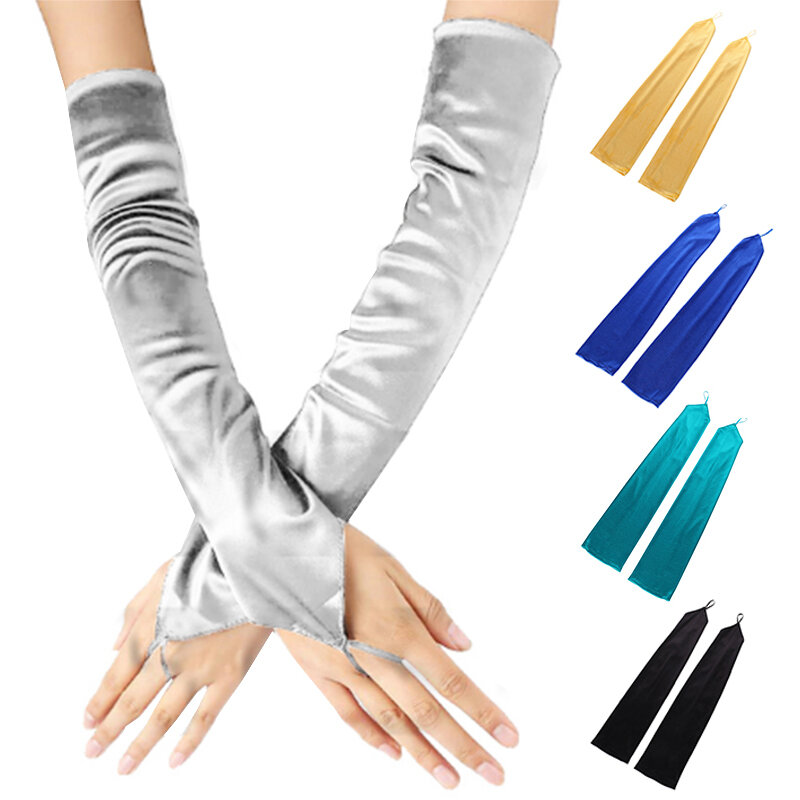 49cm Women Satin Hook Finger Long Fingerless Gloves Solid Retro Style Opera Evening Dress Accessories Etiquette High Elasticity
