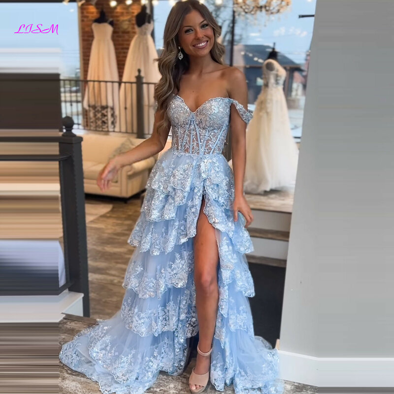 Light Blue Lace Tiered Long Prom Dress with Slit Sweetheart Sleeveless Tulle Evening Dresses Sparkling A-Line Formal Party Gowns