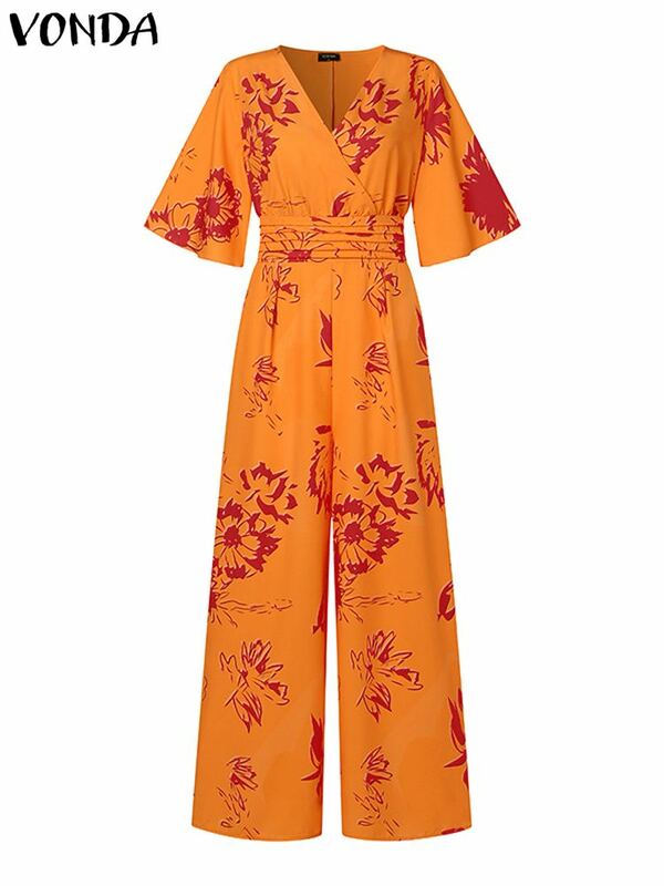 VONDA Summer Printed Jumpsuits Sexy V-Neck Women Half Flare Sleeve Bohemian Long Rompers 2024 Casual High Elastic Waist Playsuit