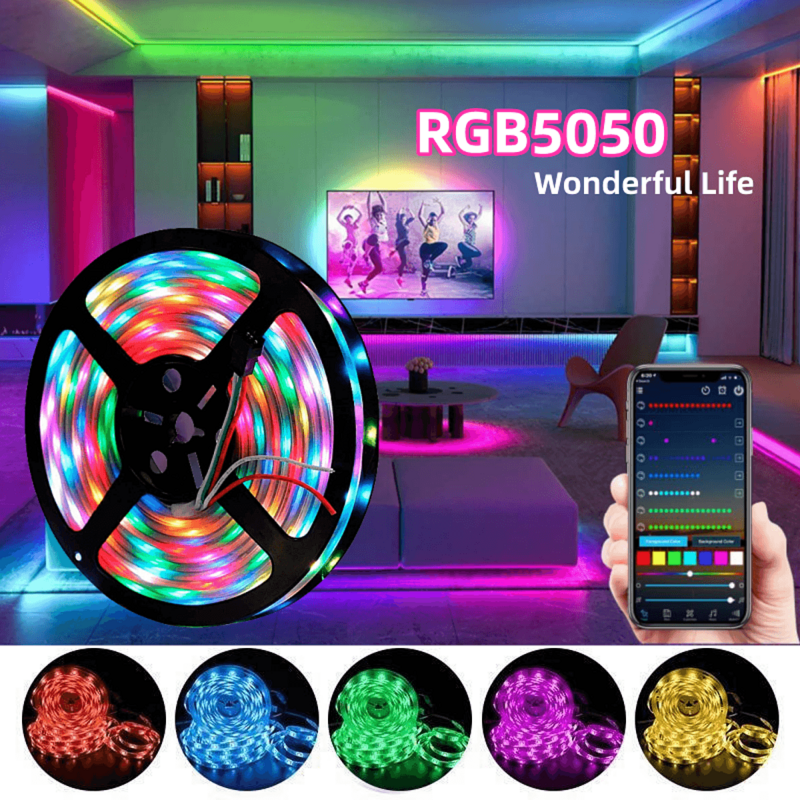 Tira de luces LED con Bluetooth 5050, 5m, 10m, 15m, 20m, RGB, Color USB, Tpae, decoración de dormitorio, TV, retroiluminación LED para dormitorio