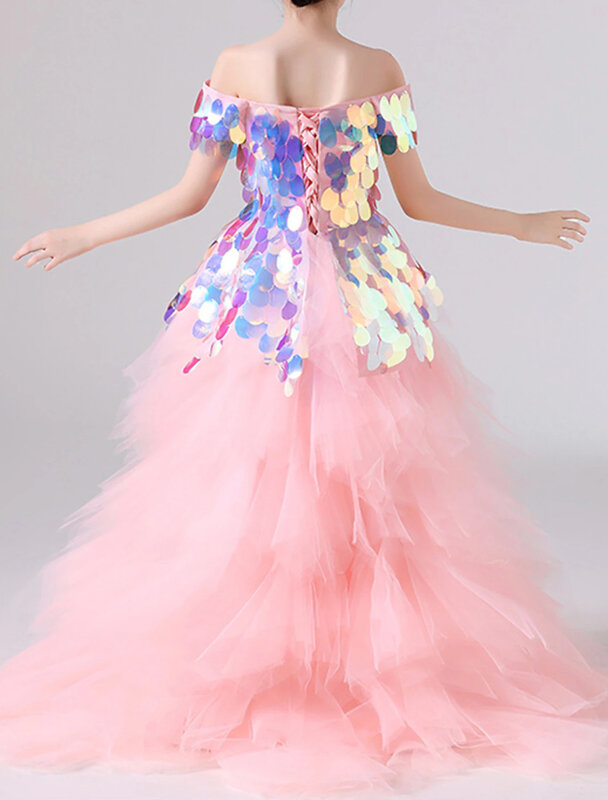 فستان الأميرة الوردي اللطيفة ، فستان فتاة الزهور ، أول مناولة للحفلات الراقصة ، تول مع براق وبراقة متدرجة تناسب 3-16 سنة