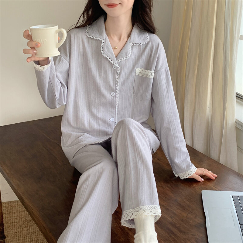 Frühling Herbst Frauen dünne Baumwolle Pyjama Langarm Cardigan Hose übergroße Home Kleidung Set süße süße Mädchen Nachtwäsche