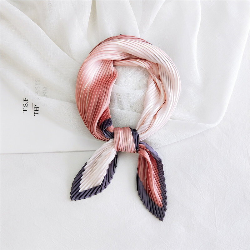 Classy Chic Fashion Color Matching Pleated Square Silk Scarf For Women Spring Ladies Scarves Kerchief Girl Neck Cover Bag Ribbon