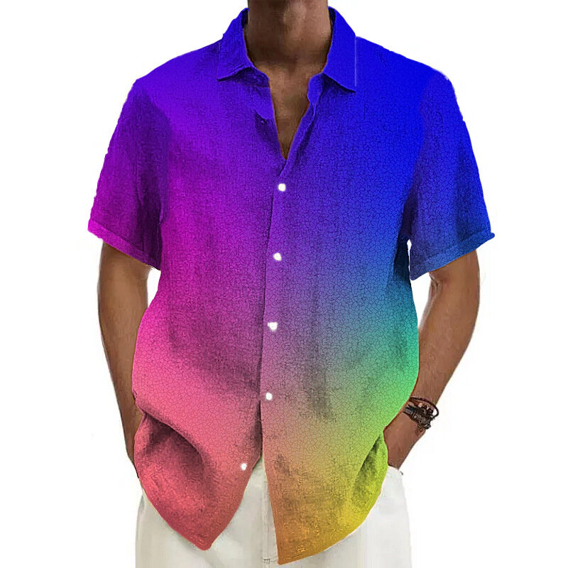 เสื้อเชิ้ตแขนสั้นพิมพ์ลายดิจิตอล3D สีรุ้ง2024เสื้อเชิ้ตผู้ชายเสื้อเชิ้ตชายหาดแขนสั้นของผู้ชาย