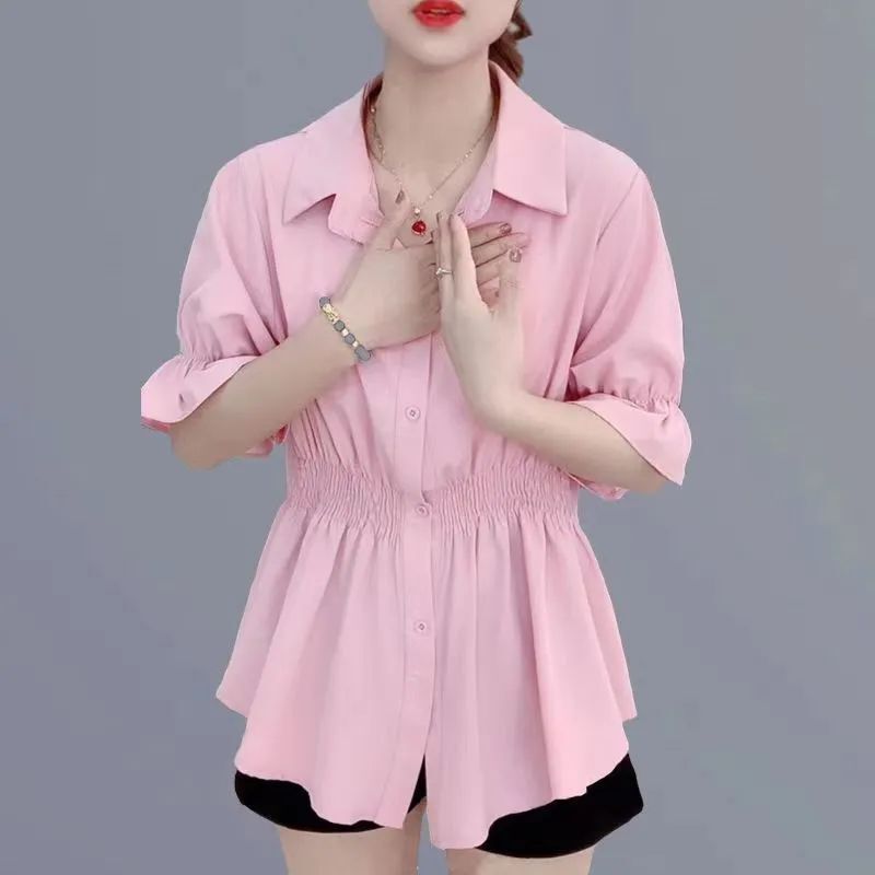 Women's 2024 Summer New Patchwork Polo Neck Button Folds Solid Fashion Elegant Minimalist Casual Half Sleeve Blouses Shirts